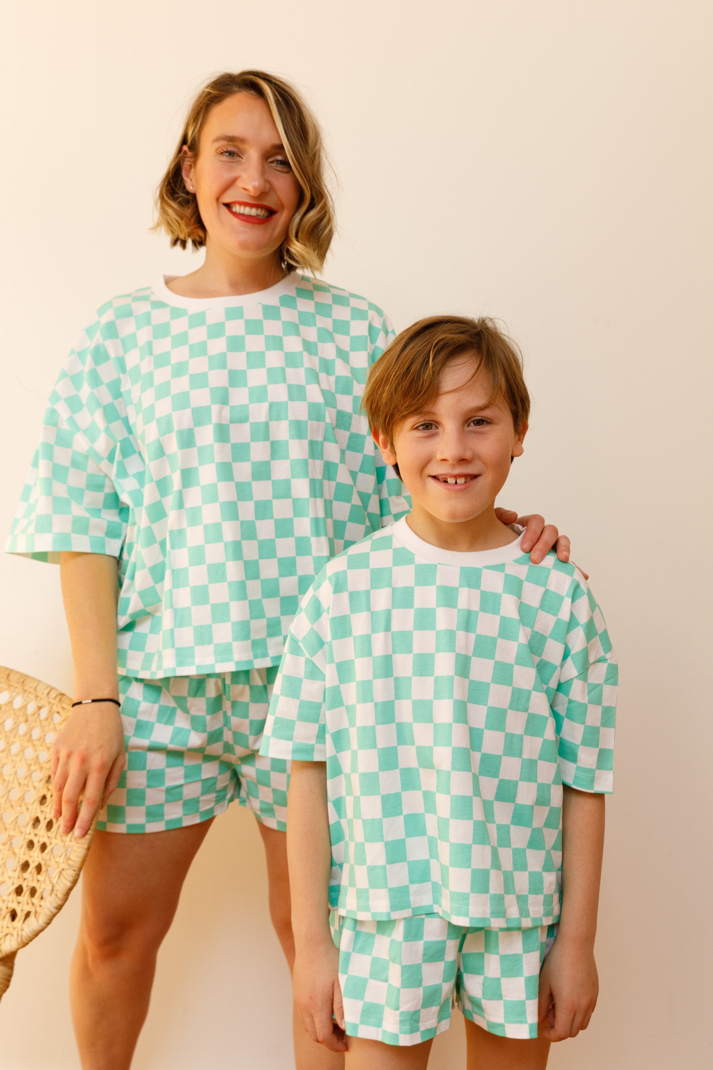 Pack de pyjamas assortis enfant/adulte - damier - vert menthe