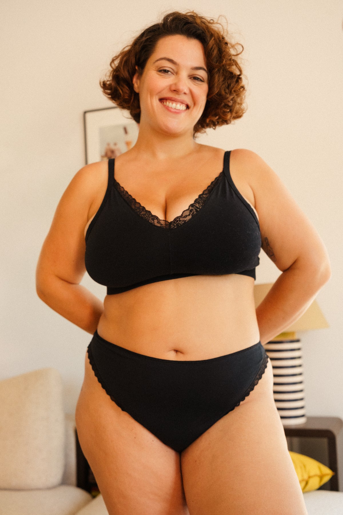 COTTON LACE BRA + PANTIES - Black