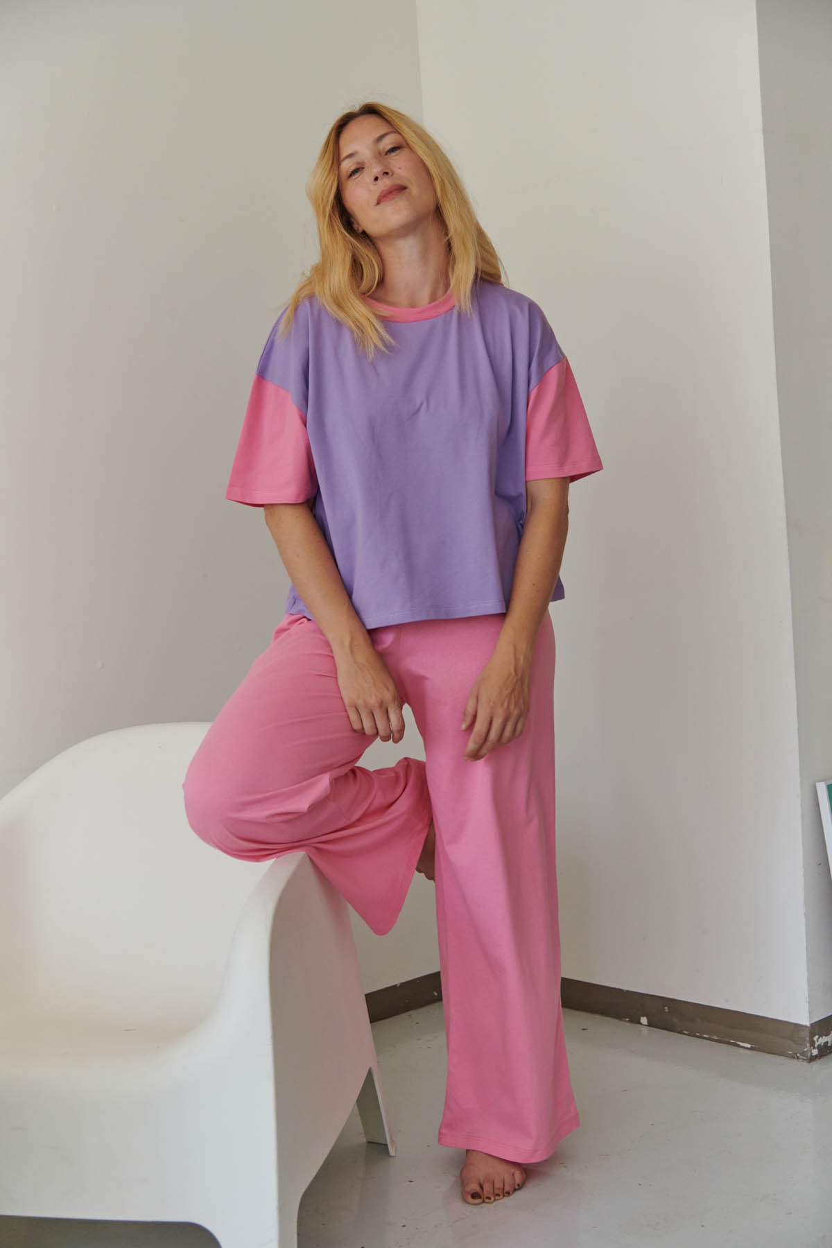 Pyjama Long Coton BIO - Colorblock Rose