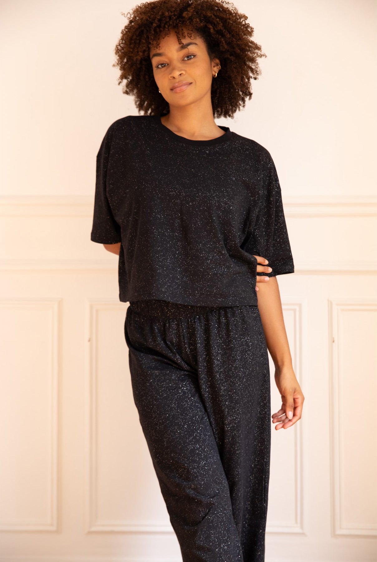 Pyjama femme long Coton Bio - Paillettes Noir