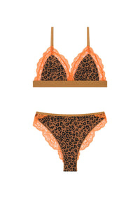 BRASSIÈRE + CULOTTE BI-MATIÈRE - Léopard Orange