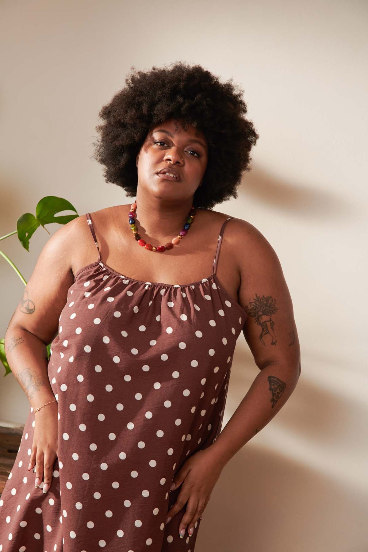 plus size polka dot dress Brown Square Neck Midi PinkBlush 5% Elastane. Final Sale Plus Size Sleeveless