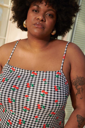 Organic Cotton Mini Dress - Black Gingham Cherry