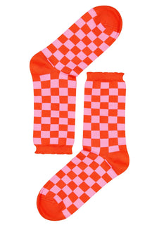 Organic cotton socks - Pink checkerboard pattern