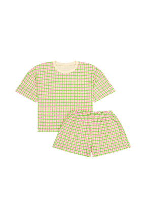 Pyjama Gaufré Coton BIO - Vichy Vert et Rose