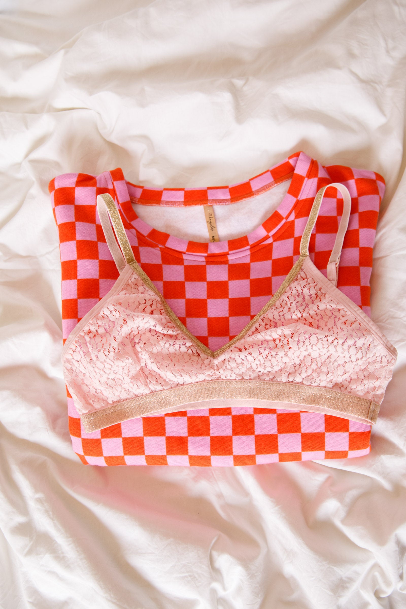 Sweat 100% Coton - Damier Rose et Orange