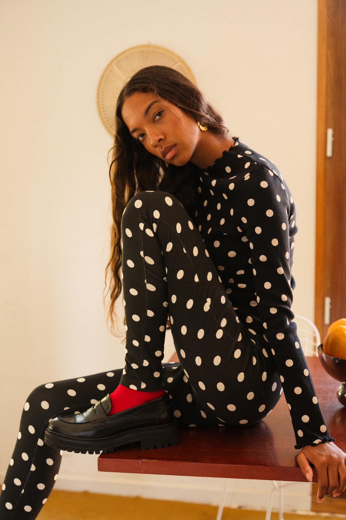 Cotton Leggings - Black Polka Dot