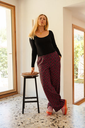 Pantalon Fluide Viscose - Mini Fleurs Fuchsia