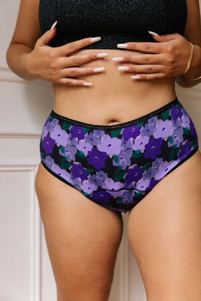 Culotte menstruelle Taille Haute - Flux abondant GOTS | Fleurs Violettes