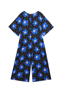Flared Sleeve Jumpsuit - Blue Polka Dot Flower