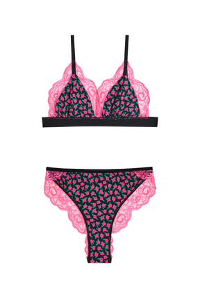 BRASSIÈRE + CULOTTE BI-MATIÈRE - Mini Fleurs Fuchsia