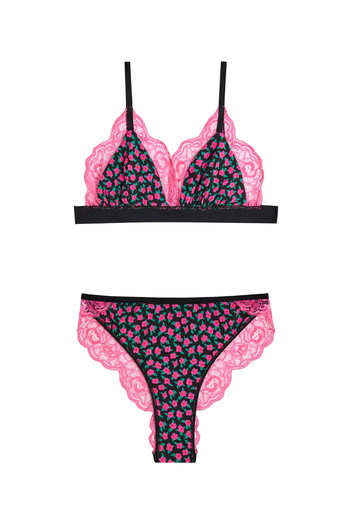 BRASSIÈRE + CULOTTE BI-MATIÈRE Grandes Tailles - Mini Fleurs Fuchsia