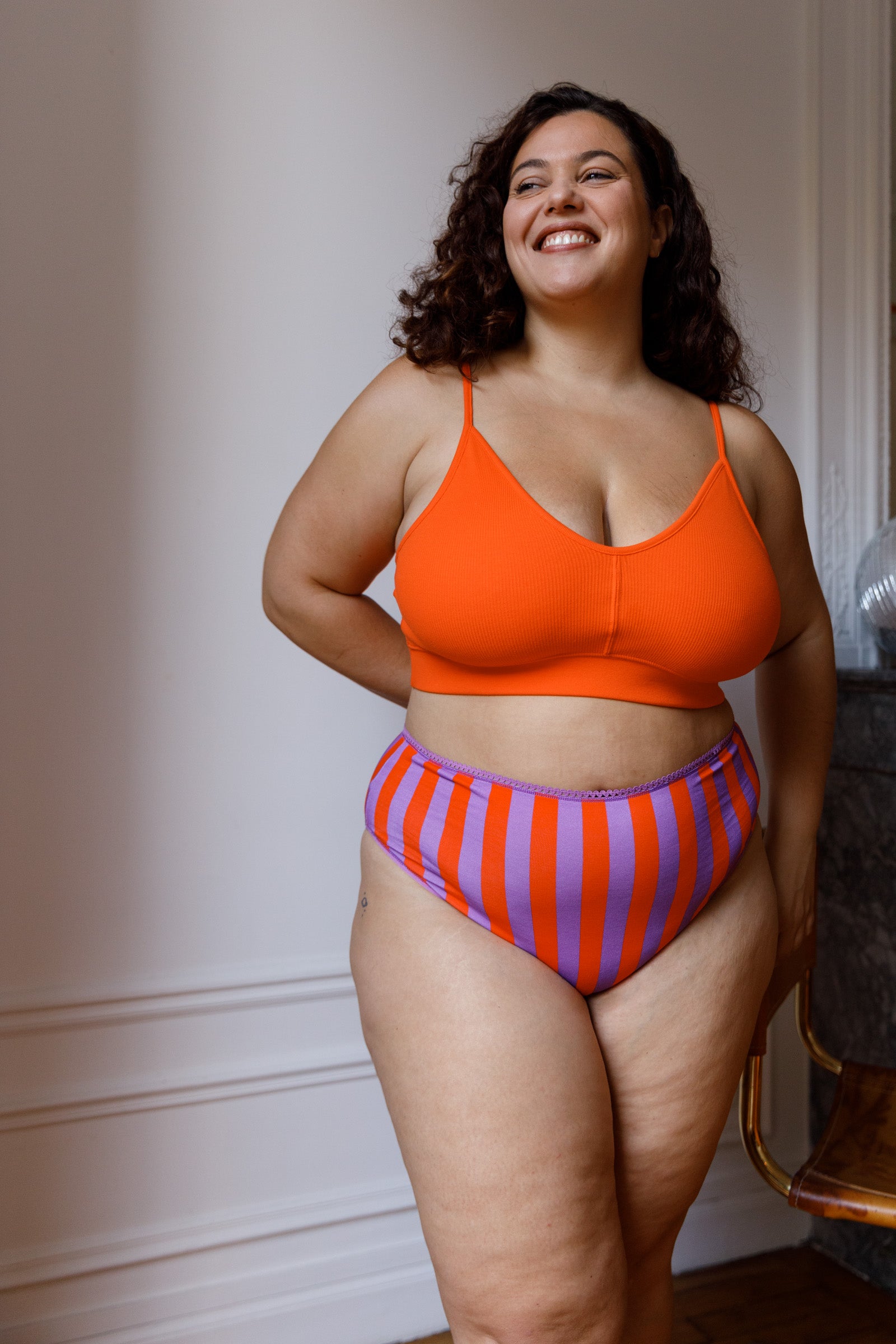 Culotte Taille Haute Coton BIO - Rayures Orange et Violet