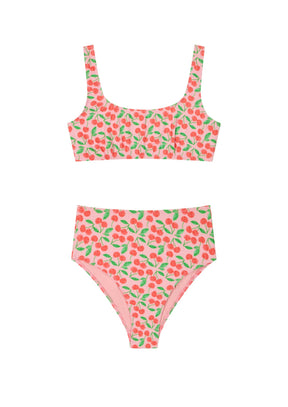 High-Waisted Two-Piece Swimsuit - Pink Cherries