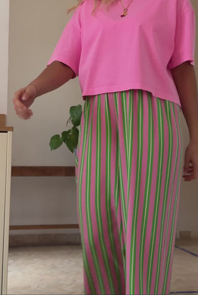 Viscose Flowy Trousers - Green and Pink Stripes