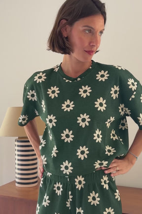 Pyjama Long Gaufré Coton BIO - Mini Fleurs Bleu