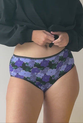 Culotte menstruelle Taille Haute GOTS - Flux abondant | Fleurs Violettes