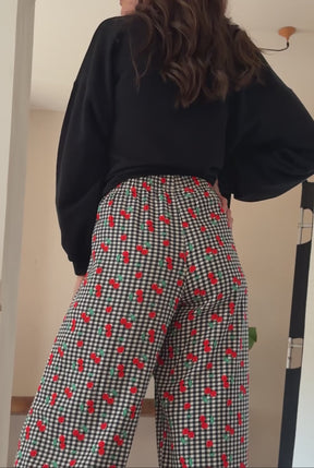Viscose Flowy Trousers - Black Gingham Cherry