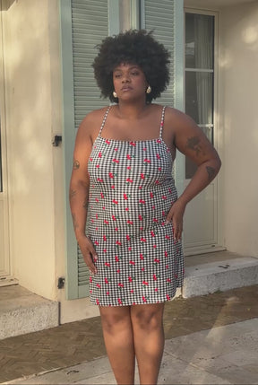 Organic Cotton Mini Dress - Black Gingham Cherry