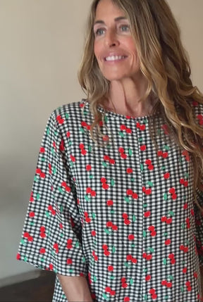 Combinaison à manches évasées - Vichy Cerises Noir